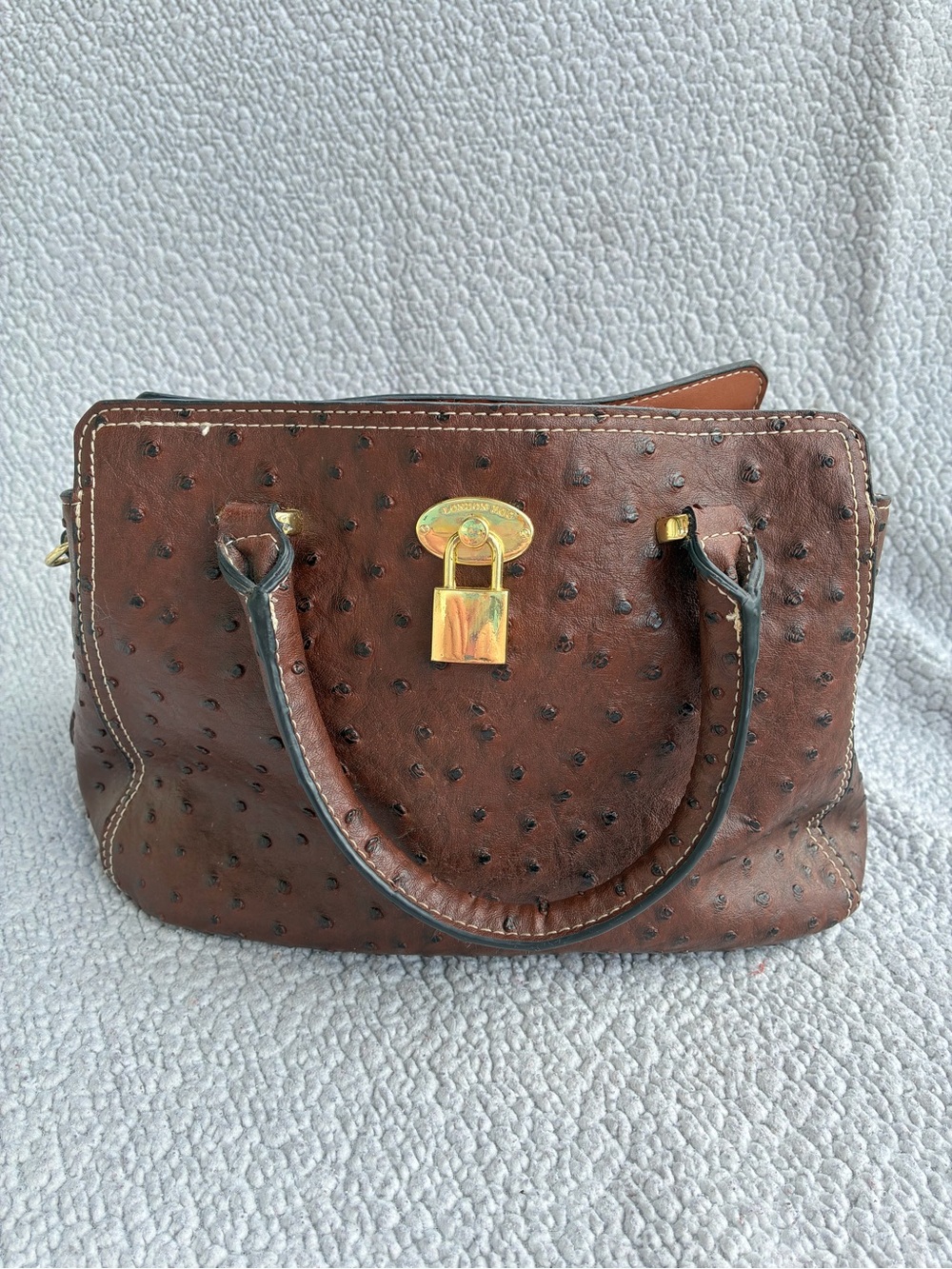 Brown Ostrich-Texture Satchel with Gold Lock Detail
